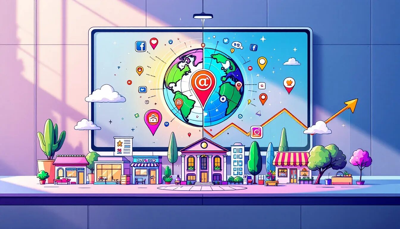 Eine Illustration, die die Verbindung zwischen Social Media und lokaler Suchmaschinenoptimierung zeigt.